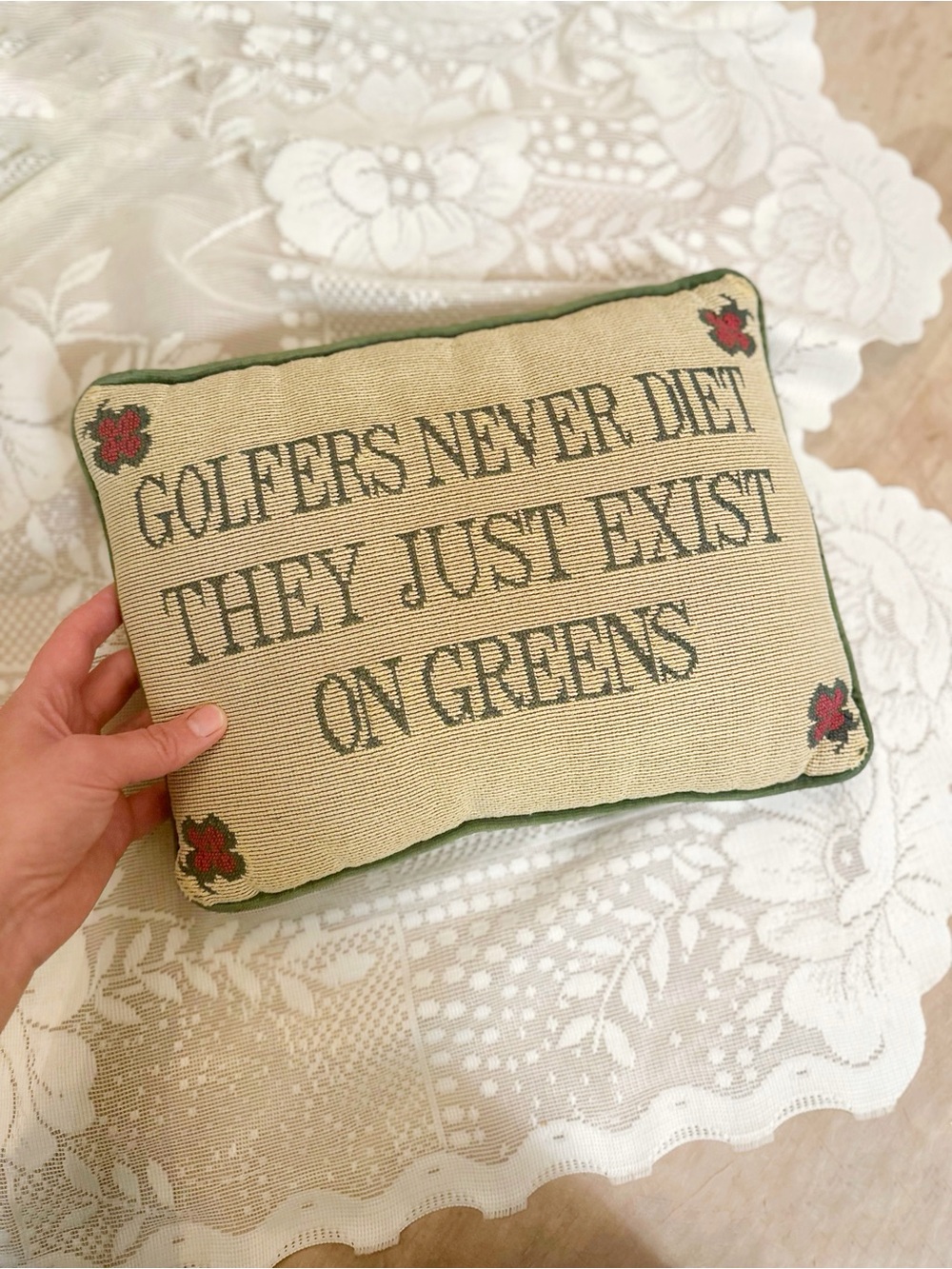 Embroidered Golfers Never Diet Accent Pillow - Green Trim